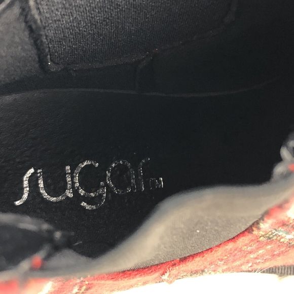 SUGAR-Favorite Red Black Plaid Rhinestone Chunky Heel Chelsea Ankle Boot - Picture 13 of 16